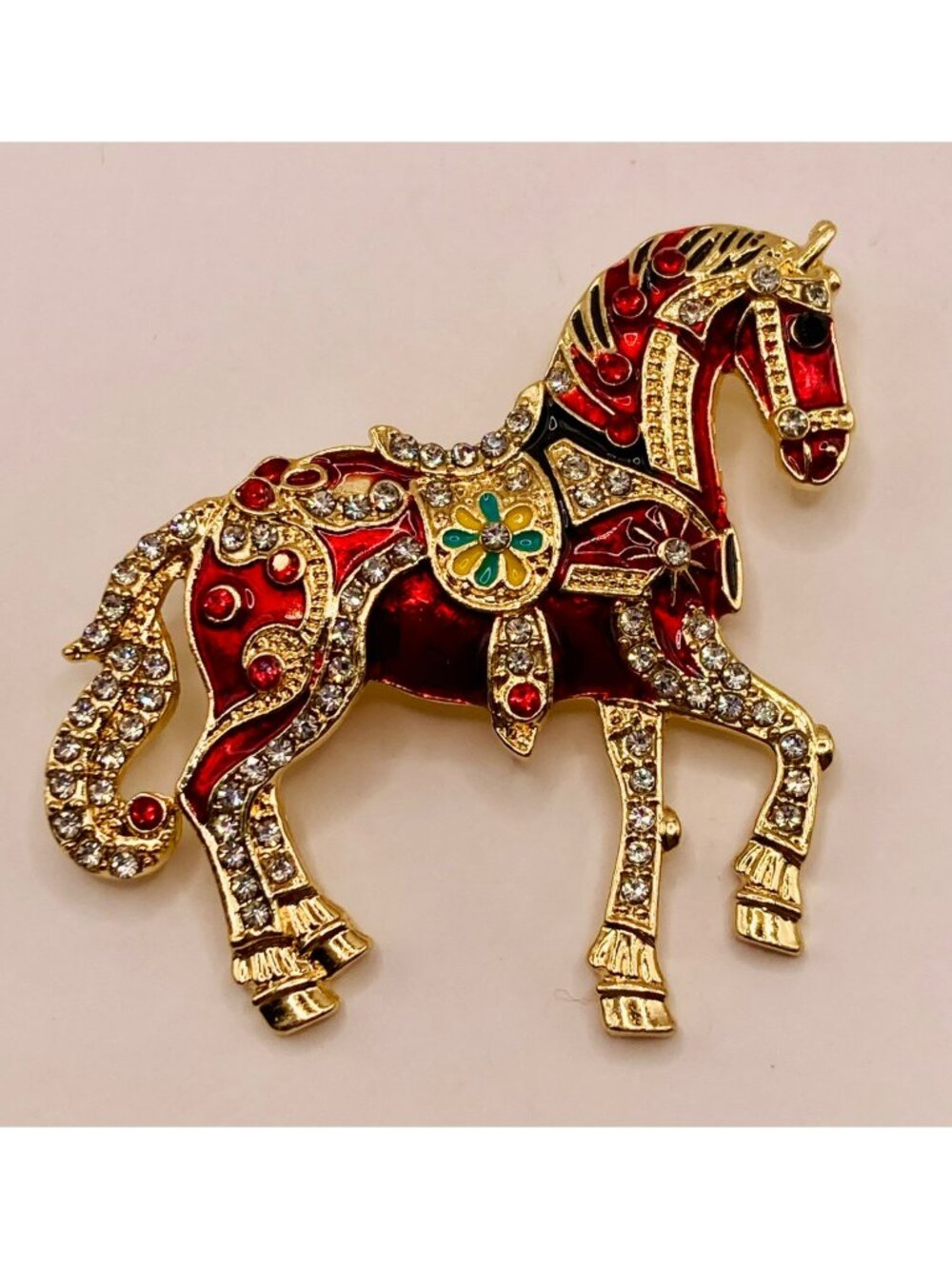 Gold Tone Red Enamel Carousel Horse Brooch Pin Rhinestones -16B